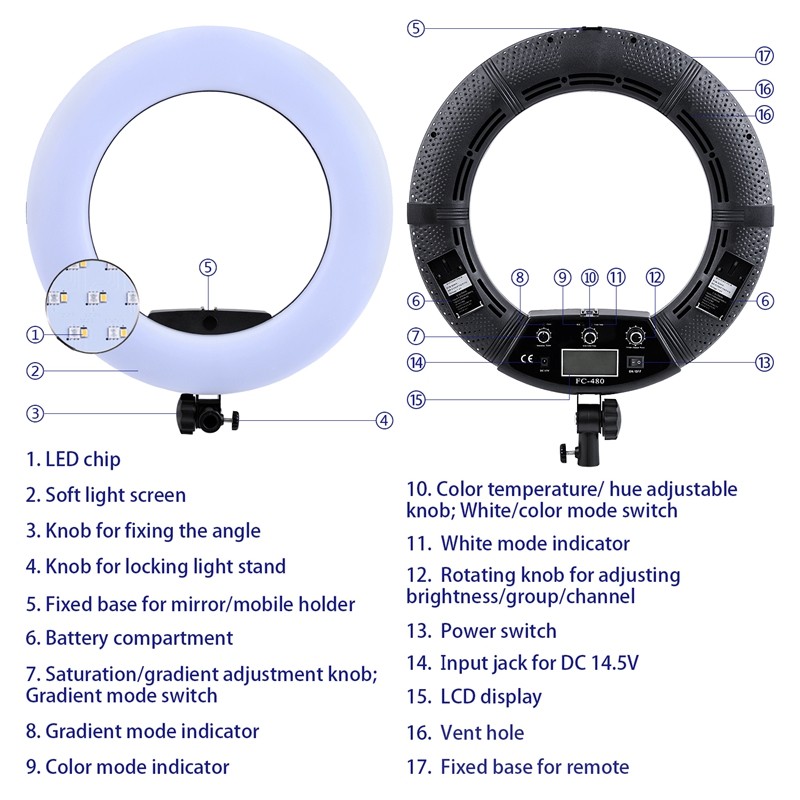 FOSOTO FC-480 3200-5500k Colorful 480 pcs Dimmable Led Photographic Lighting  96W Ring Light Lamp with Mirror for Camera, Phone, photo Studio
