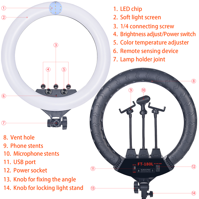 FOTOSO FT-180L/18inch 55W 3200-5600K LED Selfie Ring Light with 3 Phone Holder and 2M Tripod Stand for Makeup YouTube, TikTok, Camera lights