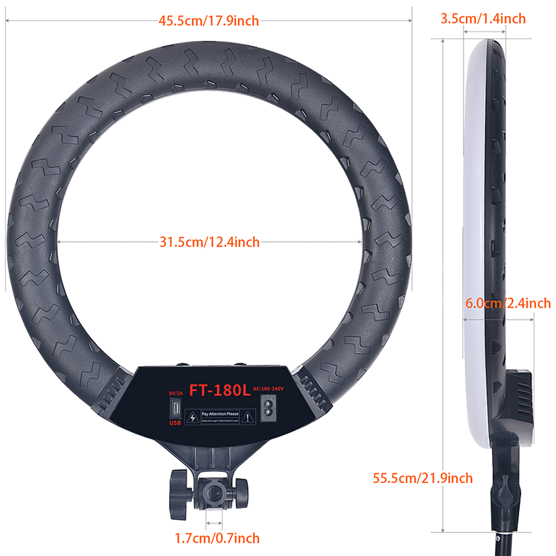 FOTOSO FT-180L/18inch 55W 3200-5600K LED Selfie Ring Light with 3 Phone Holder and 2M Tripod Stand for Makeup YouTube, TikTok, Camera lights