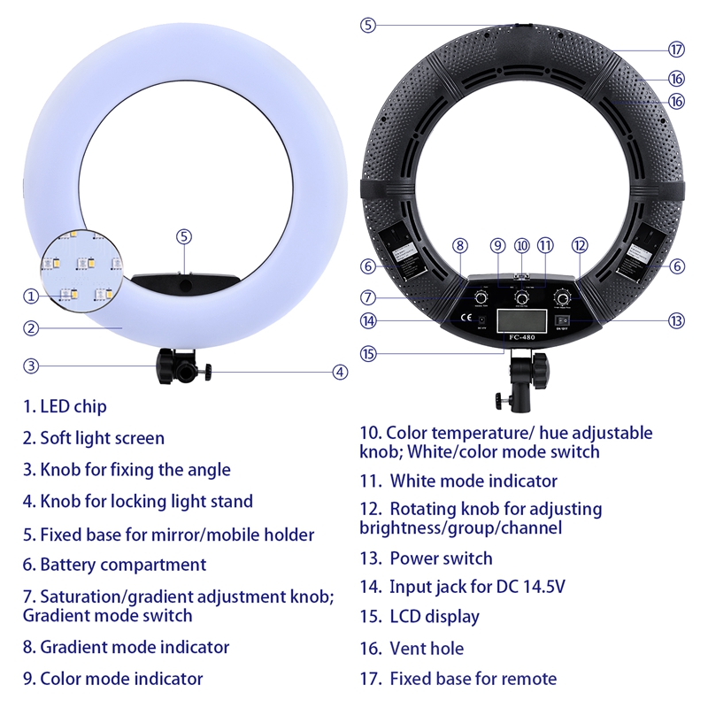 FOSOTO FC-480 3200-5500k Colorful 480 pcs Dimmable Led Photographic Lighting  96W Ring Light Lamp with Mirror for Camera, Phone, photo Studio