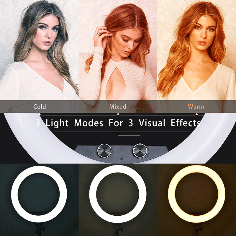 FOSOTO FT-180L/18inch 55W 3200-5600K LED video Light  with 3 Phone Holder and 2M Tripod Stand for Makeup YouTube, TikTok, Camera lights